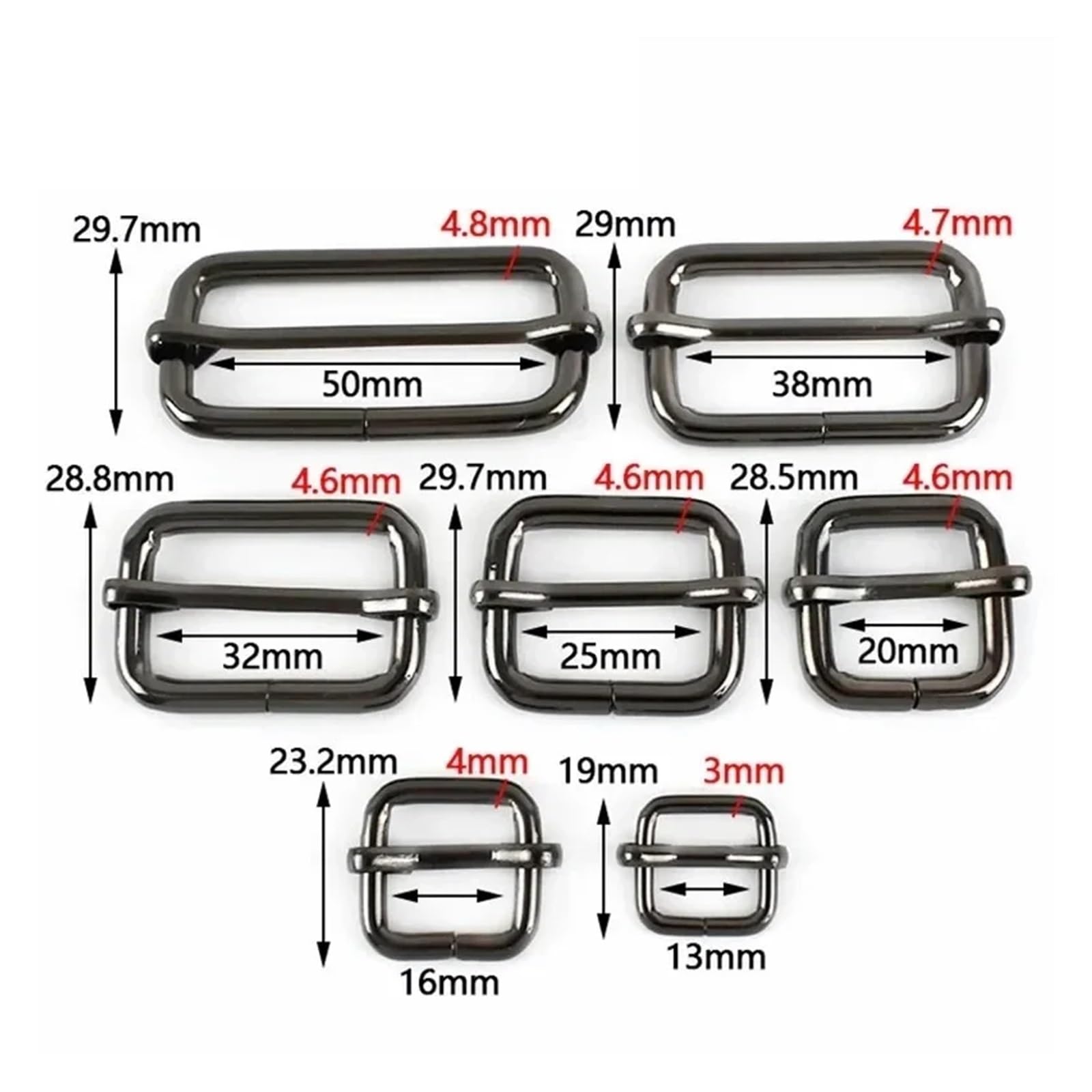 50 hebillas de cinturón de 20-38 mm, con pasador de rodillo, for correa de bolso, deslizadores metálicos, ajustadores de triple deslizamiento for bolso, bricolaje.
