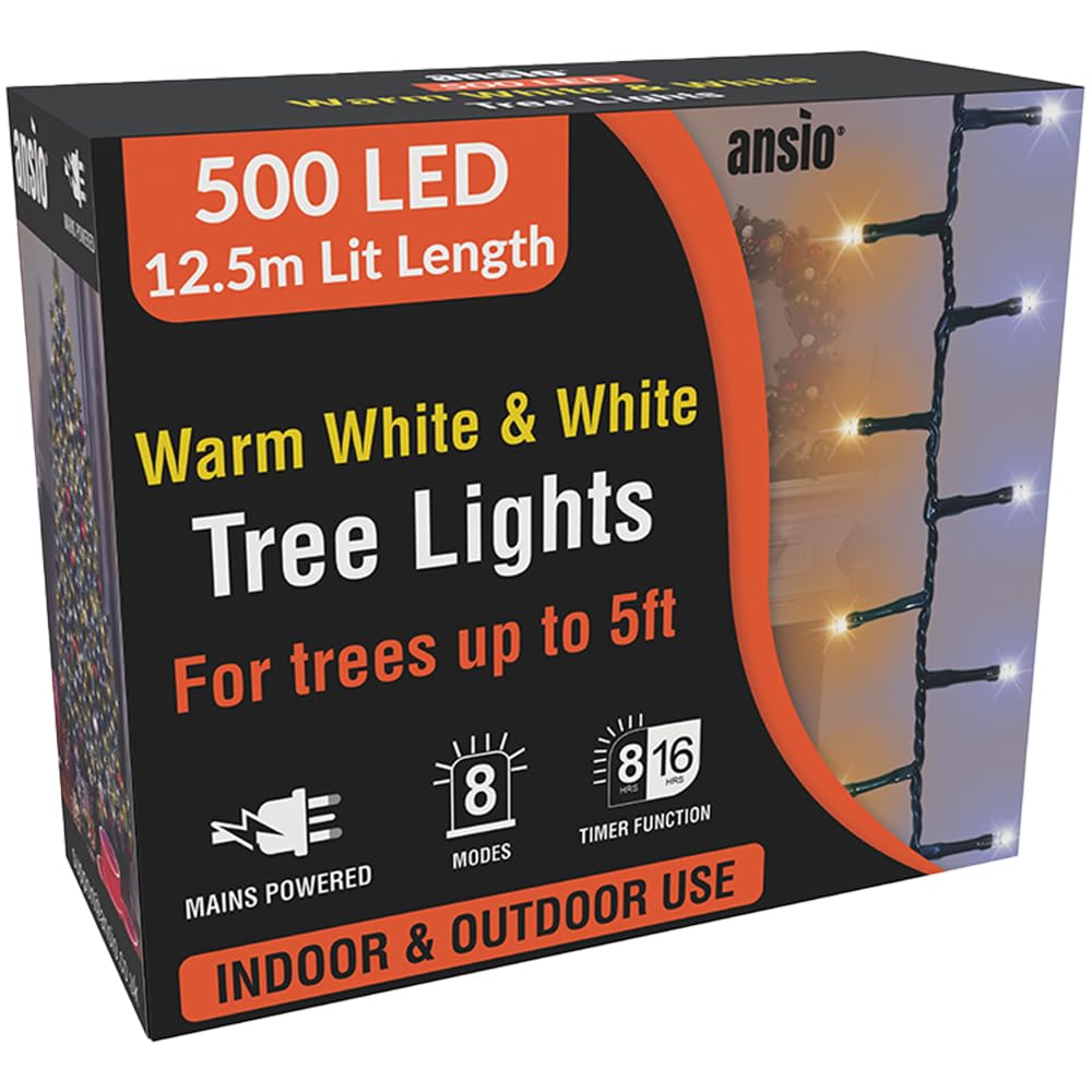 Ansio Warm & Cool Ansio® Christmas Tree Lights 500 Led 12.5M/41Ft - White Cluster Compact Lights For Indoor & Outdoor Decorations Fairy Lights With Timer For Xmas Garden & Party | Mains Powered Green Cable