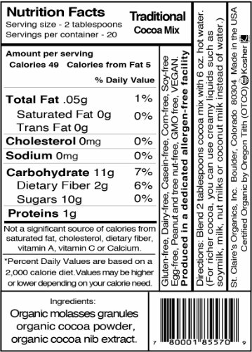 St. Claire's Organic Gourmet Hot Cocoa, (Traditional, 12 Ounce Bag, 20 Servings) | Allergen-Free, Vegan, Gmo-Free, Gluten-Free | Made In The Usa In A Dedicated Allergen-Free Facility #TOP1
