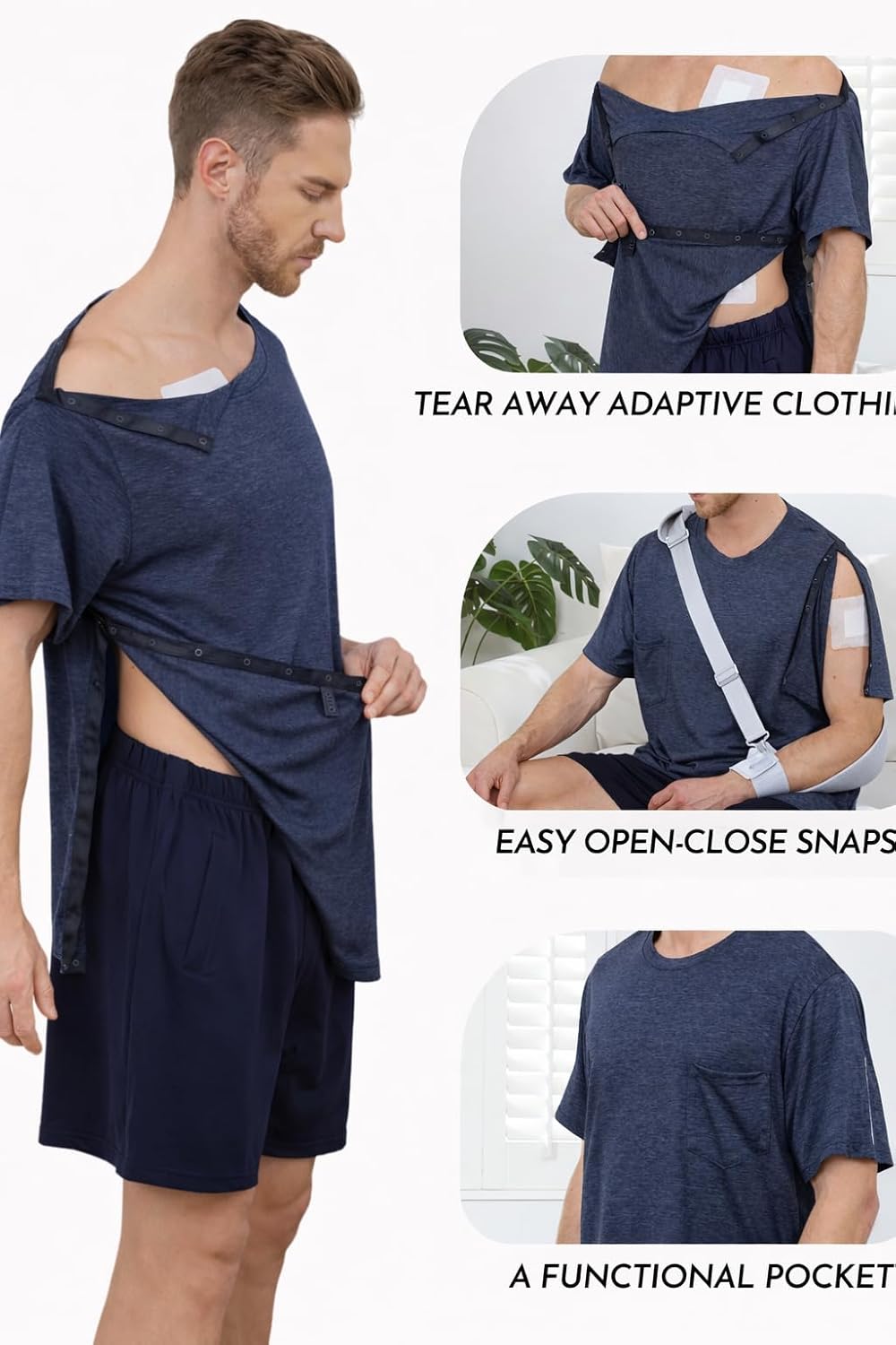 Men's Post Shoulder Surgery Shirts Tear Away Recovery Short Sleeve Full Open Side Snap Chemo Shirt Adaptive Clothing - Image 4