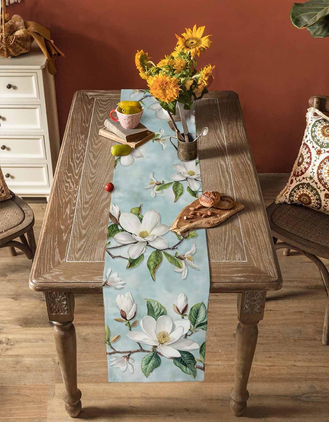 Flowers Table Runner Spring White Magnolia Branch Teal Background Table Runners Dresser Scarves Kitchen Dining Table Decoration for Home Farmhouse Party Holidays 13"x108"
