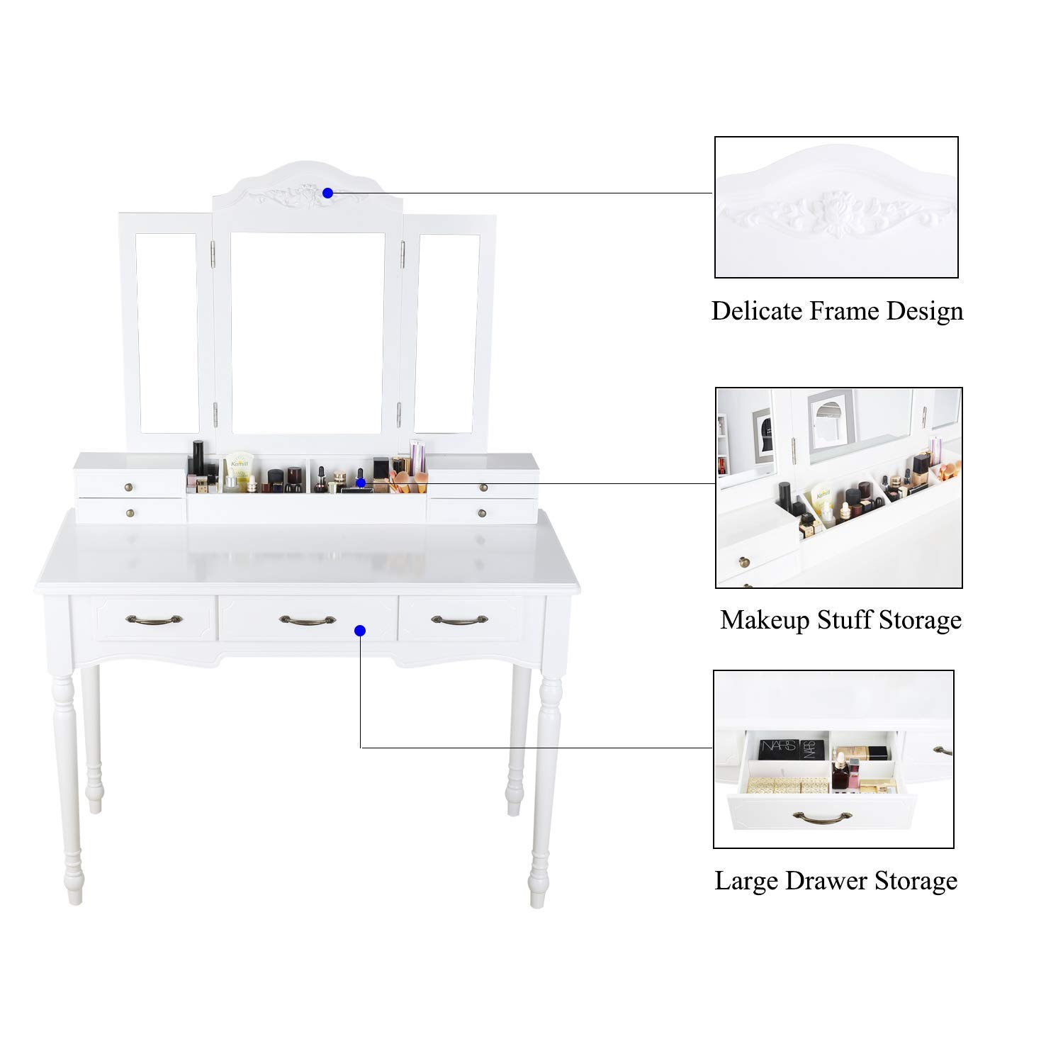 HOMECHO Makeup Vanity Table Set with Cushioned Stool TriFolding Mirror