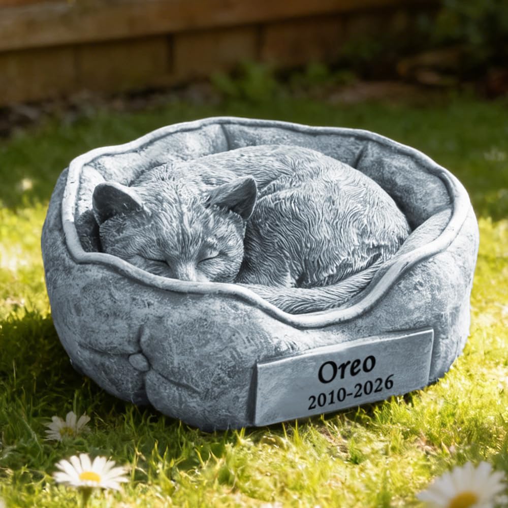 Generic Personalized Cat Memorial Garden Stones with A Sleeping Cat Statue Waterproof Cat Grave Markers Tombstones Cat Headstone Loss Cat Memorial Sympathy Gifts, 7.8"" x 4.7""x3.9""