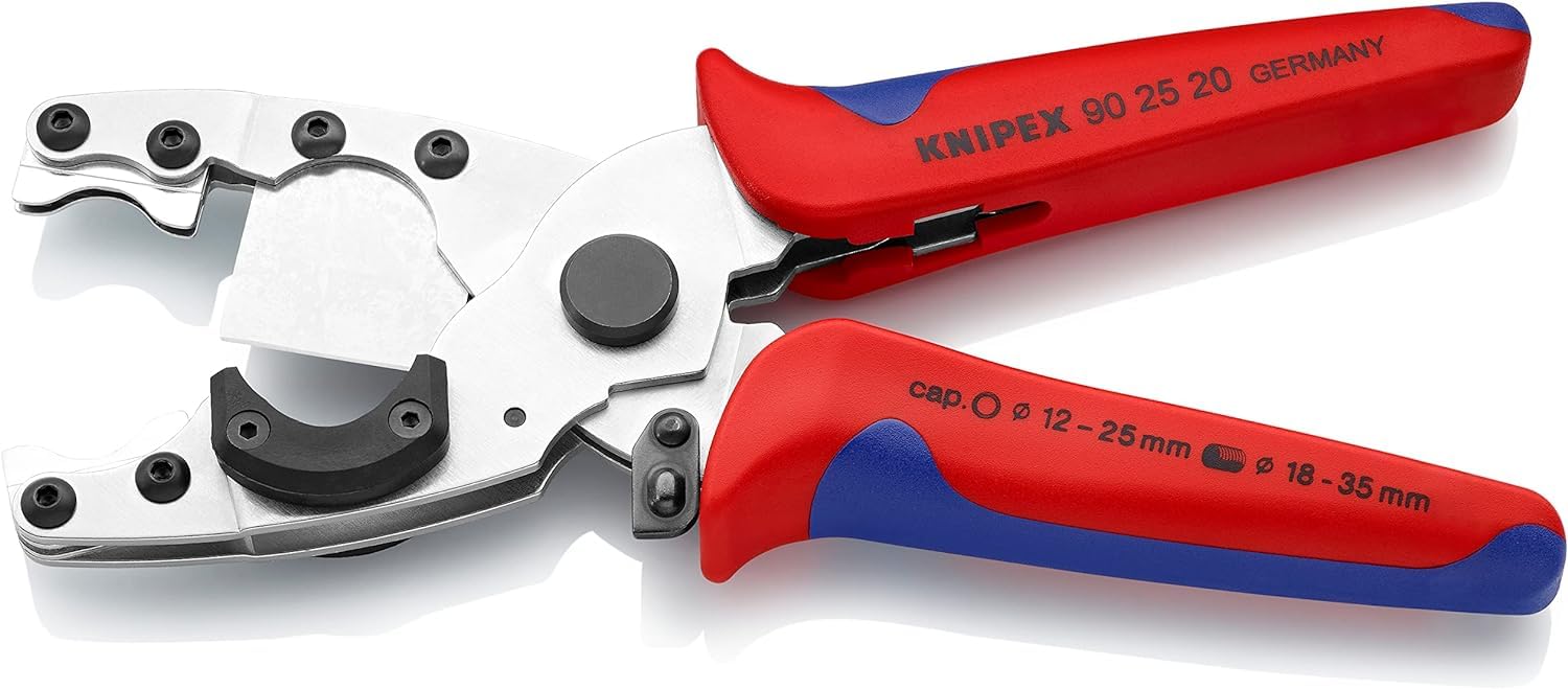 KNIPEX Cortatubos para tubos multicapa y de protección con cartulinas autoservicio cromado con mangos multicomponente 210 mm, 90 25 20 SB