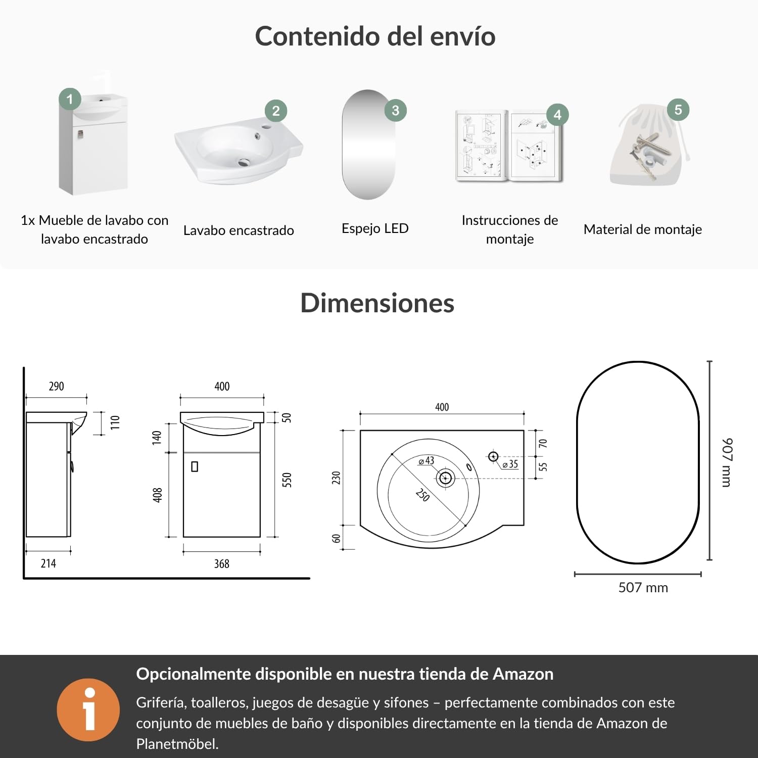 Planetmöbel Conjunto de Muebles de baño Lavabo con Mueble bajo 40 x 60 x 29 cm, Espejo con iluminación 50 x 90 cm para Cuarto de baño y WC de Invitados, Blanco