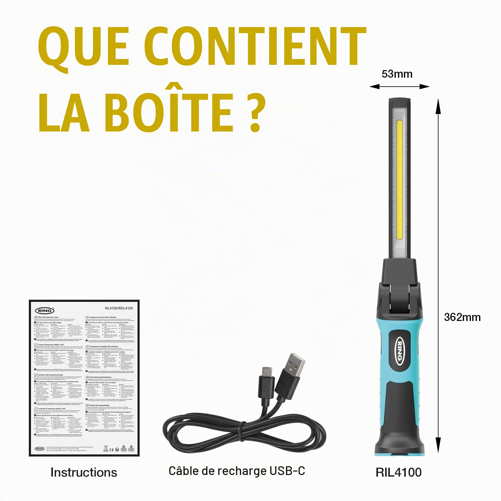 RING Lampe d'inspection LED fine avec jusqu'à 1000 lumens de sortie lumineuse : rechargeable et sans fil