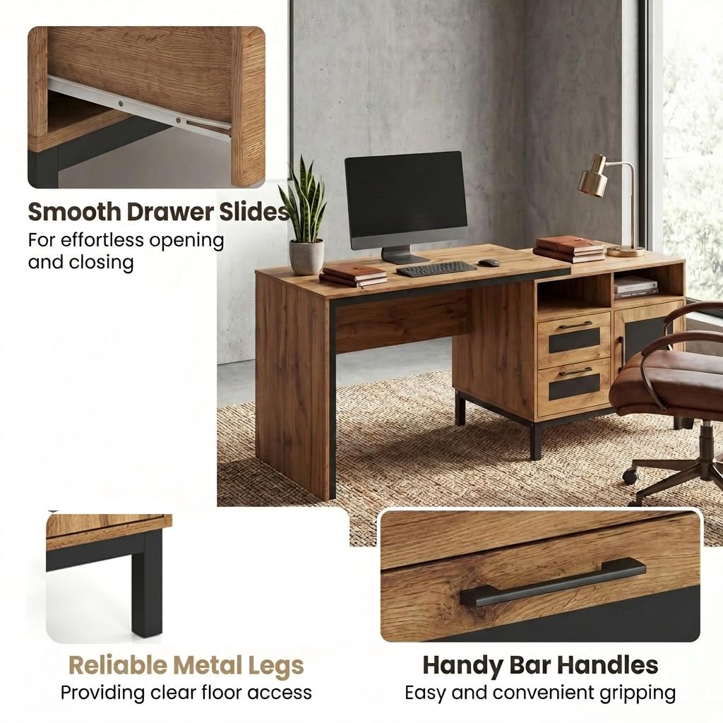 Giantex Escritorio de Ordenador con Cubos de Almacenamiento y Cajones | 2 Cajones, 2 Compartimentos Abiertos y Armario, Mesa de Oficina para Hogar, Estudio, 181 × 60 × 76 cm