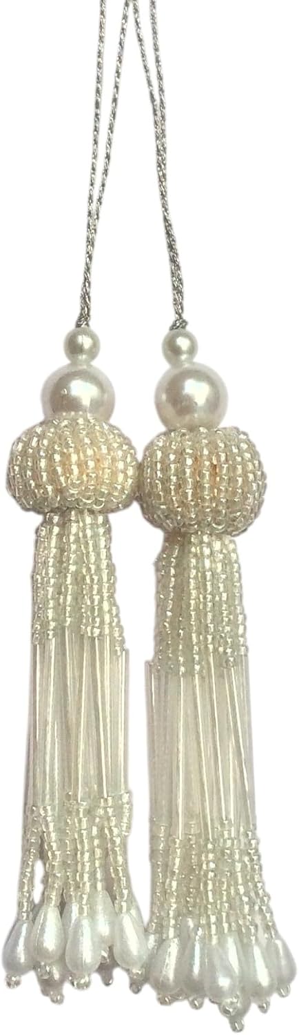 2 Pair Tassels (Pack of 4 Pieces) Blouse Tassels for Bridal Dress Latkan Home Decor Accessories DIY Decor Curtains Cushions Tassel (Silver, 4 Inch)