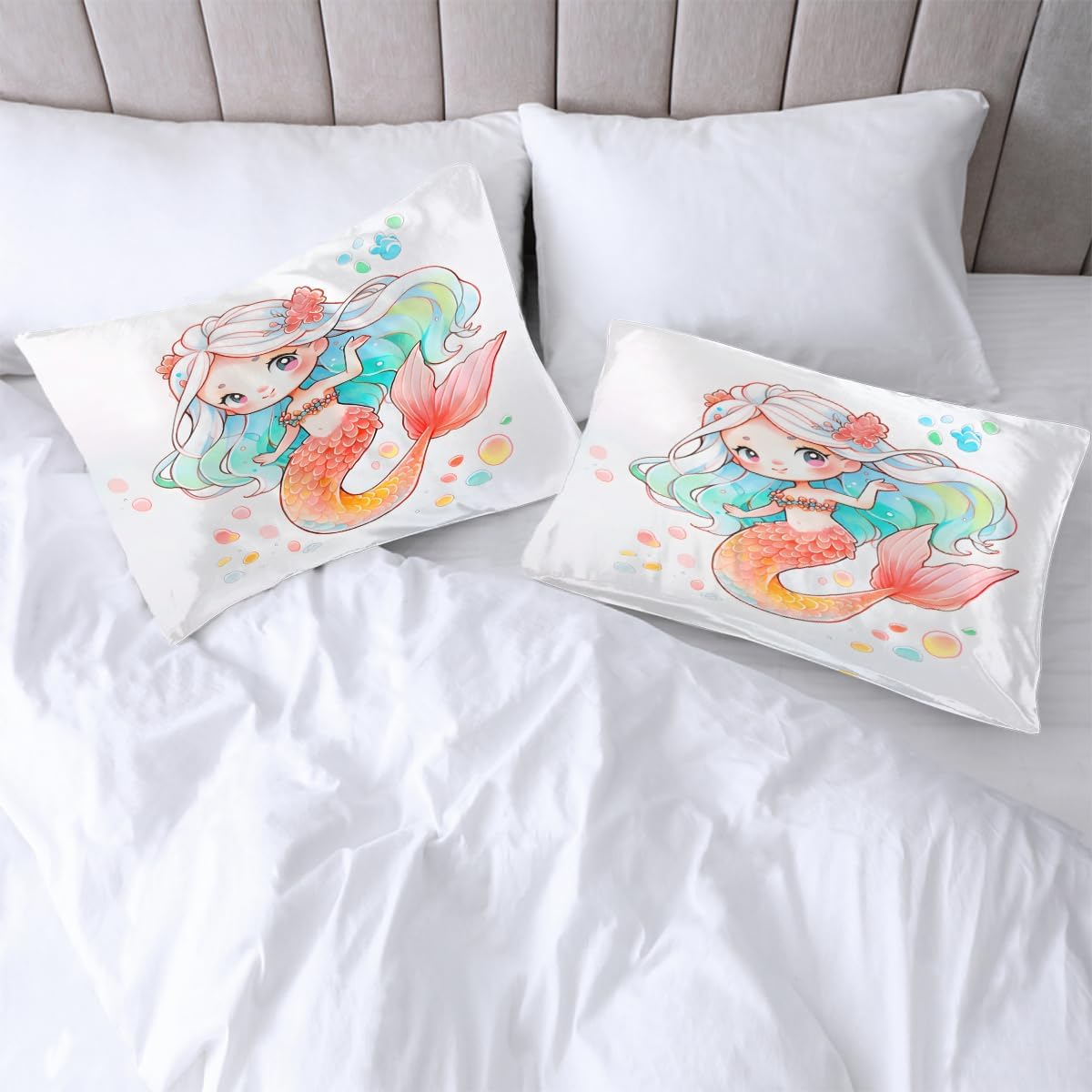 Watercolor Mermaid Satin Pillowcase Set of 2, Ocean Girl Silk Pillowcase for Hair and Skin 20x40” Luxury Smooth King Size Satin Pillow Cases with Zipper Gifts for Women Men