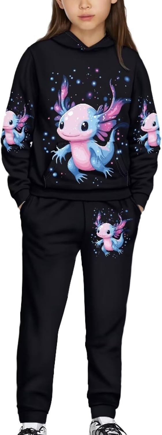 Girls Casual Pants Set Hooded Sweatshirt and Jogging Sweatpants Cute Graphic Track Suit 5-12 Years Old