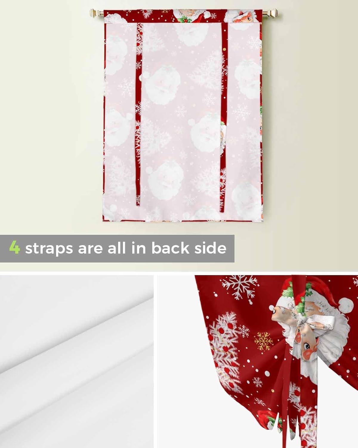 Christmas Santa Tie Up Curtains for Window, Thermal Insulted Balloon Shade Adjustable Rod Pocket Curtains Valance Panels for Kitchen Bathroom Café 34 x 45 Red Xmas Tree Gold Snowflake