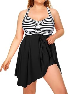 Daci Plus Size Two Piece Swim Dress with Boyshorts for Women Mesh Tankini Swimsuits Flowy Bathing Suits