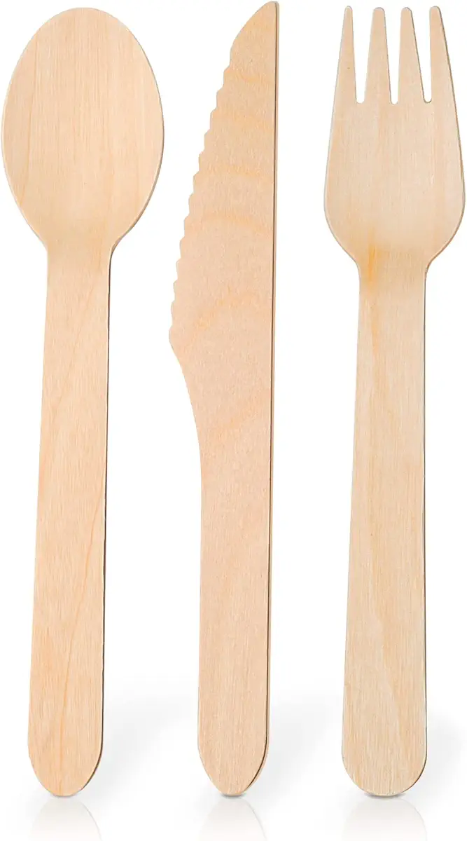 PURPLECLAY Disposable Wooden Utensils Set 300 PCS Individually Packed (100 Forks 100 Spoons 100 Knives) Alternative to Plastic Cutlery -Compostable Biodegradable 100% Wood Utensils - Chemical-Free
