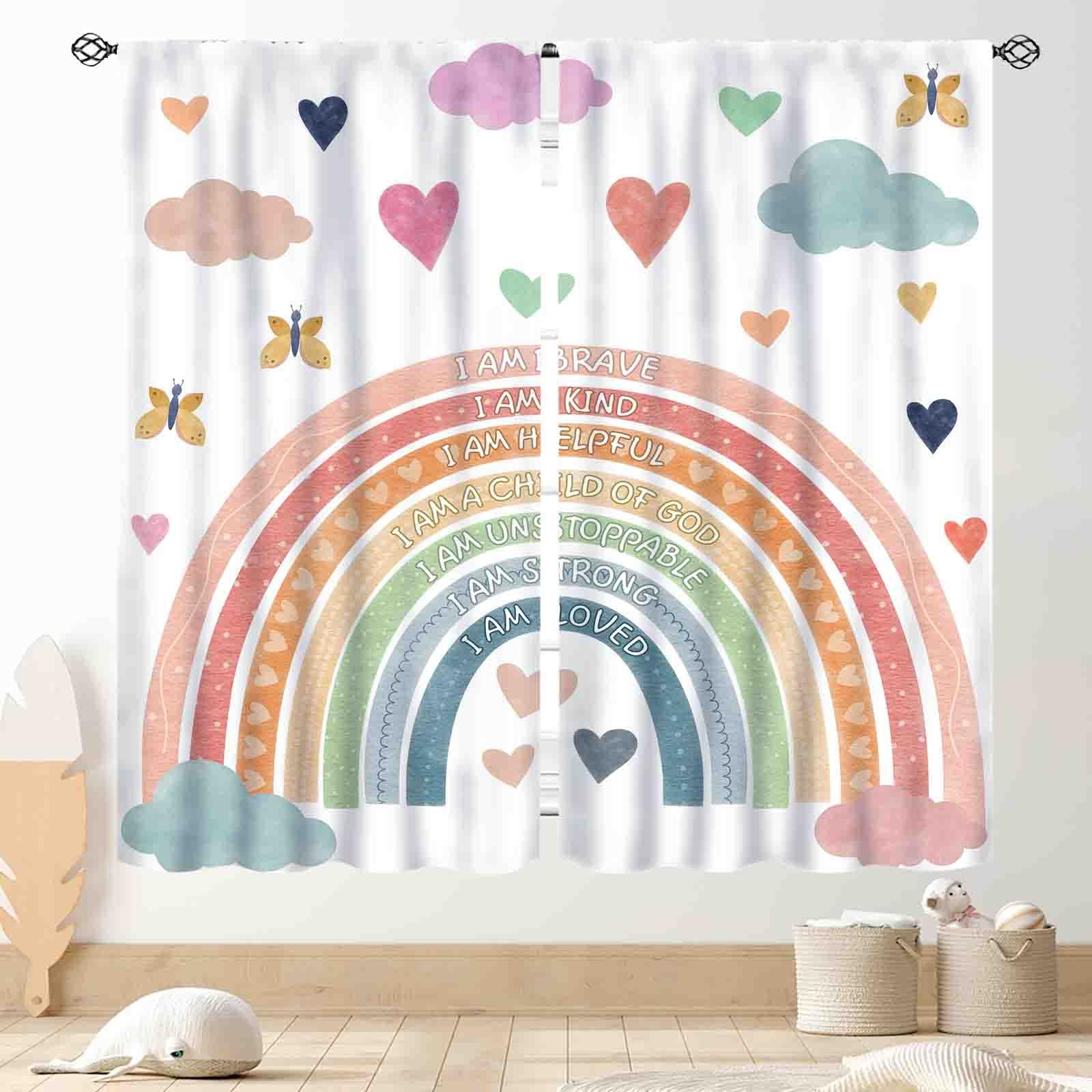 TKUYO Pastel Rainbow Curtains, Kids Girls Baby Boho Cute Inspirational Motivational Quotes Rainbow Colorful Window Drapery for Bedroom Living Room Nursery Classroom Bathroom 2 Panels, 63"x63" Inch