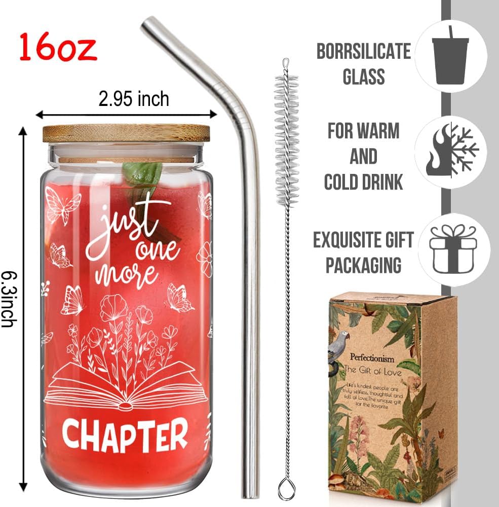 Cute Book Lovers 16oz Drinking Glass Cups with Lids and Straws Christmas Gifts for Women, Book Lover Girl, Just One More Chapter, Love Bookish Gift for Readers, Librarians, Bookaholics, Best Friend - Image 7