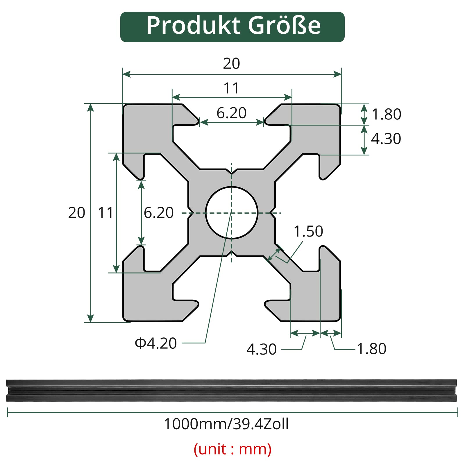 JiGiU 1000mm 2020 V-Slot Profil aluminiowy czarny zgodnie z europejską standardową standardem 6063-t5 Surface 20x20 Rail 6 mm 6 mm do majsterkowicz (9 sztuk)
