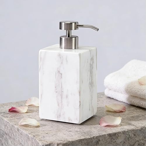 Miniatura 9 de Dispensador de jabón cuadrado de mármol blanco, dispensador de loción de mármol orgánico natural prémium con bomba de metal, elegante tarro de