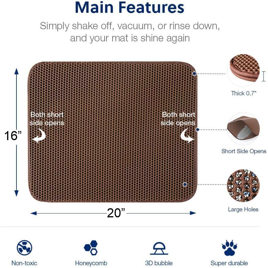 Image of Cat Litter Mat 16x20 Inch - Double Layer Open Edge Design, Waterproof & Urine Proof, EVA Material, Durable and Washable Litter Trapping Mat (Medium, Brown)