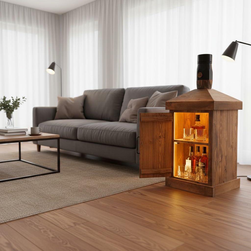 weeco Barschrank aus massivem Kiefernholz, Whiskyflaschen-Design, Braun, Rustikal, mit LED-Beleuchtung, Hausbar, 110 × 50 × 50 cm