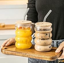 Skdbpm Juice Ice Drinks Glass Mug With Straw for Milk/Coffee/Green Tea - 400 Ml Transparent Printed Can Shape Cup Set With Wooden Lid (Pack of 1)