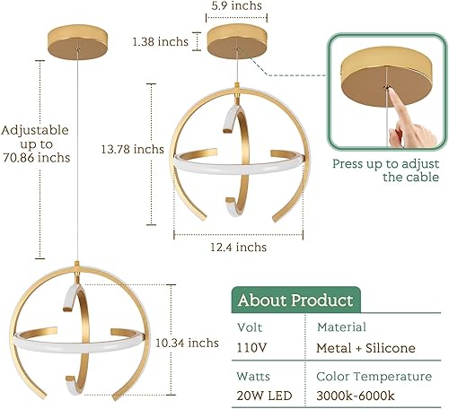 Miniatura 3 de Moderno candelabro LED dorado, luces colgantes de metal cepillado regulables, lámpara de techo colgante para cocina, isla, sala de estar, comedor,