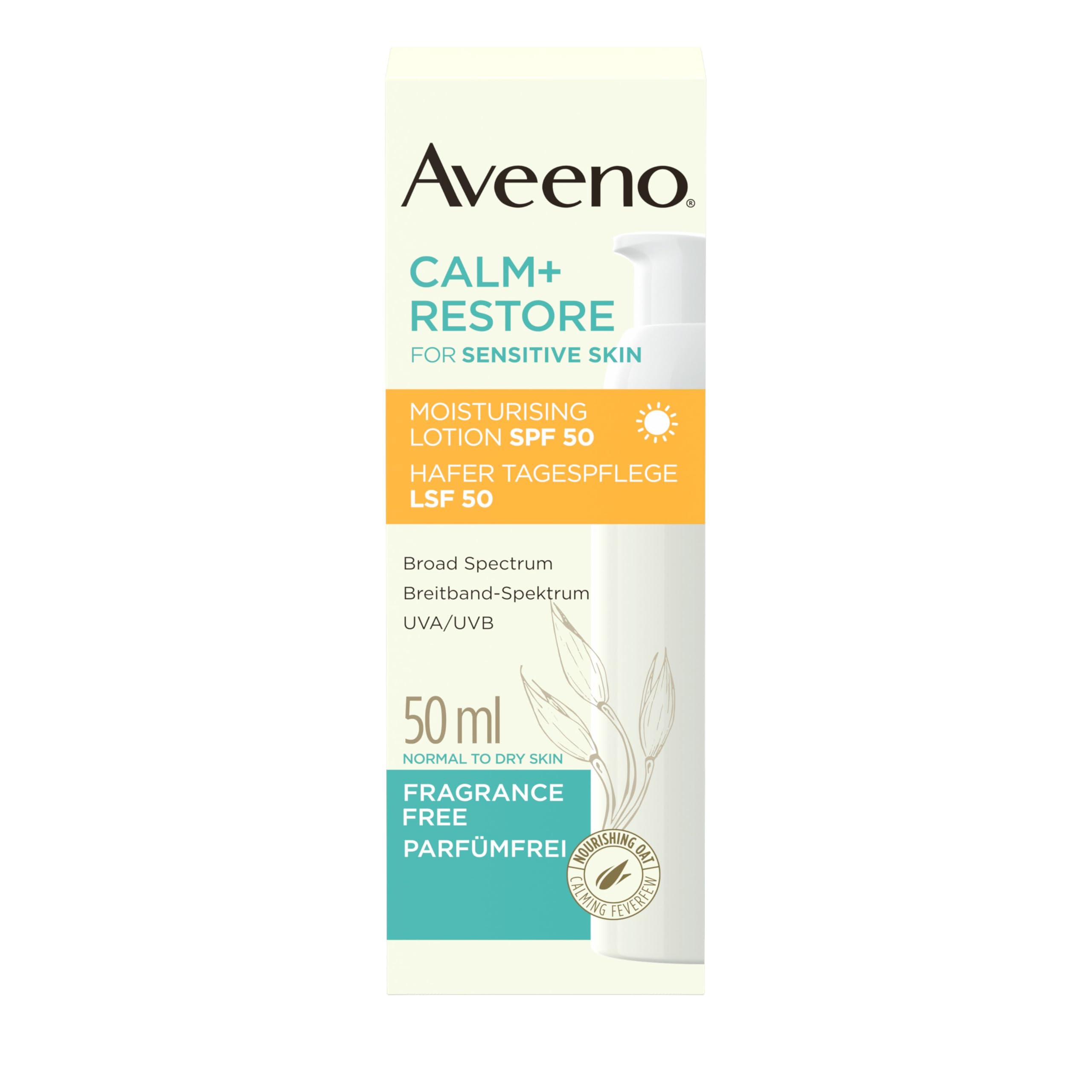 Aveeno CALM+RESTORE Hafer Tagespflege LSF 50 (50ml), Breitband-Spektrum UVA/UVB, beruhigt empfindliche Haut, langanhaltende Feuchtigkeit, hoher Sonnenschutz, parfümfrei