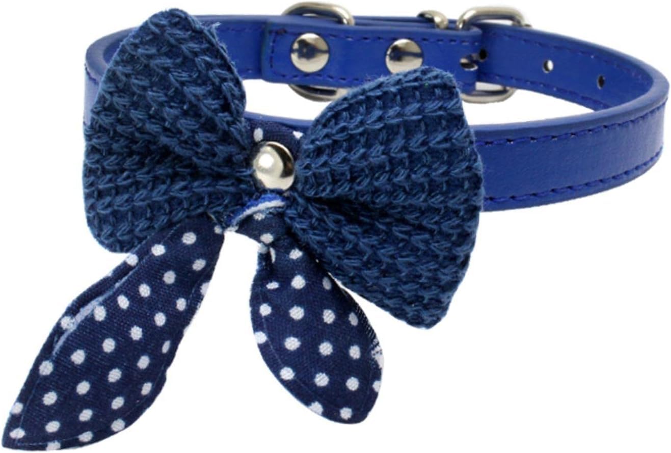 Collari per Cani, Grazioso Collare for Cani in Pelle con Fiocco Lavorato a Maglia, a Farfalla Primaverile Fibbia di Sicurezza in Metallo, Regalo Adorabile(Blue,M)