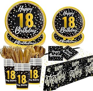 jenlion 18th Birthday Decorations for Boys Girls, Black Gold Birthday Supplies Plates and Napkins, Cups, Knives, Forks, Spoons Included, Tablecloth, Tableware for 24 Guests(Total 169pcs)