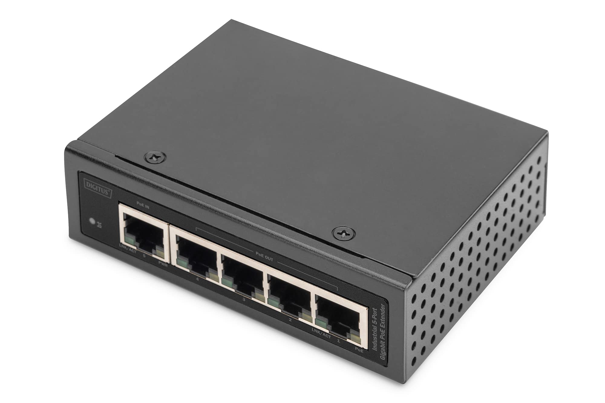 DIGITUS Extensor PoE Gigabit Industrial de 5 Puertos - 1 Puerto RJ45 de Entrada 802.3bt - 4 Salidas RJ45 PoE 802.3af/at - conectable en Cascada - 10/100/1000 Mbit/s - Negro