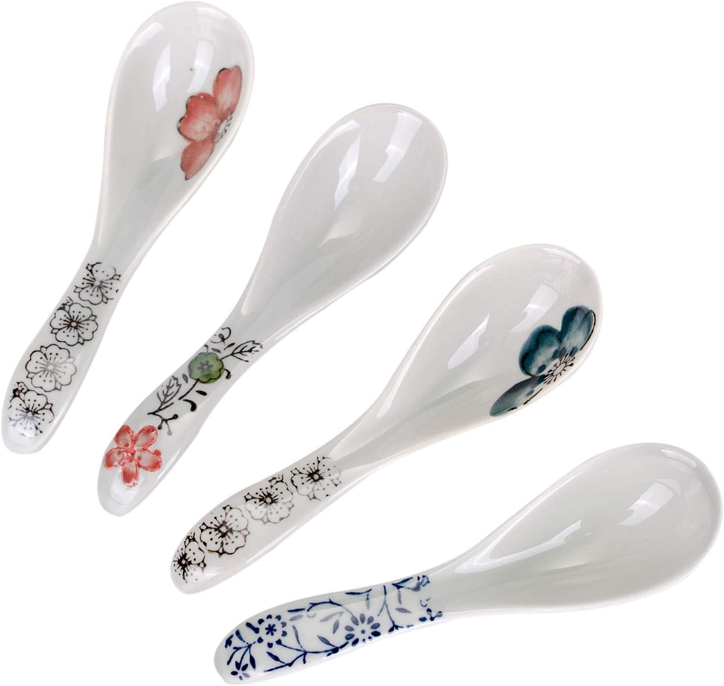 Chinese Soup Spoons,Ramen Spoon,Set of 4 Chinese/Japanese Ceramic Soup Spoons, Pink Cherry Blossom in Snow Pattern Ceramic Spoon Suitable for Soup(Green)