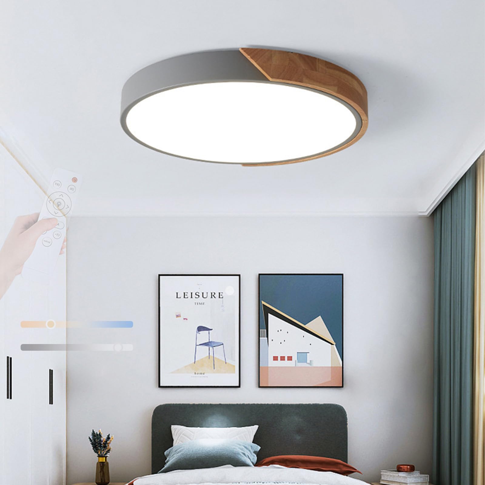 TZSMUM LED Wood Ceiling Light Dimmable 2700K-6500K Ceiling Lamp with Remote Control Ceiling Lights Flush Mount Ceiling Lighting Modern Decorative for Living Room Kitchen Lounge (Grey,60cm)