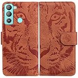 LMFULM® Hülle für Tecno Pop 5 LTE BD4 (6,52 Zoll) PU Leder Magnet Brieftasche Lederhülle Tiger Drucken Flip Cover Ledertasche Stent-Funktion Hülle Braun