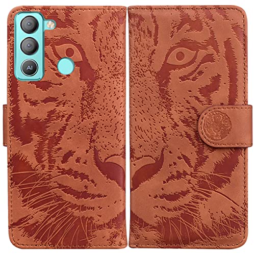 LMFULM® Hülle für Tecno Pop 5 LTE BD4 (6,52 Zoll) PU Leder Magnet Brieftasche Lederhülle Tiger Drucken Flip Cover Ledertasche Stent-Funktion Hülle Braun