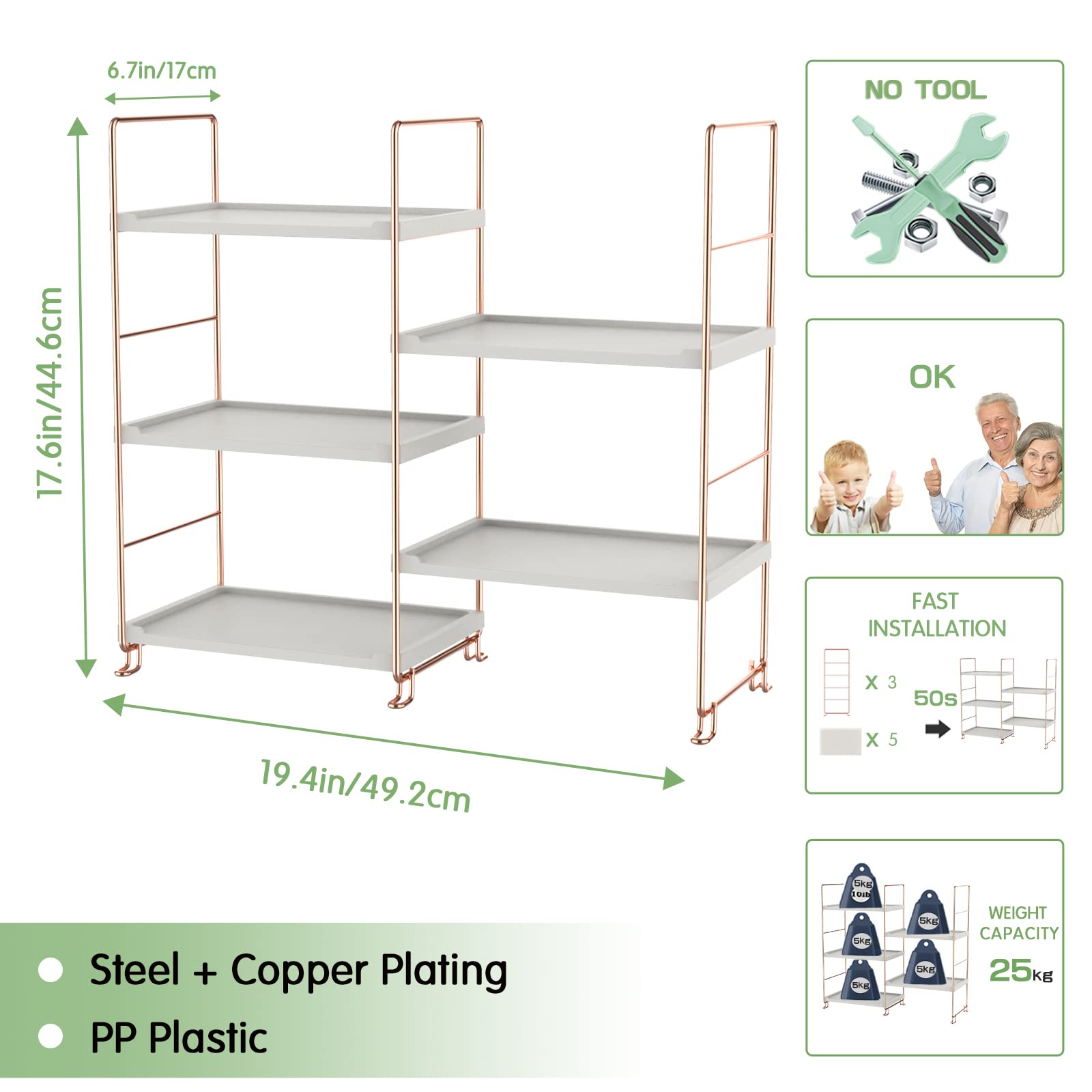 JANUS LiANG 3-Tier DIY Mix Bathroom Organizer Countertop - Makeup Organizer Shelf Kitchen Spice Rack Standing Counter Shelf