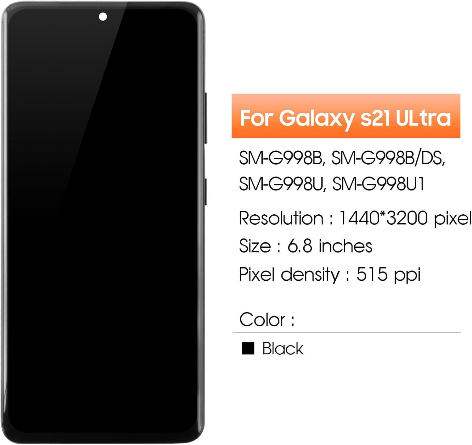 AMOLED Screen for Samsung Galaxy S21 Ultra 5G Screen Replacement for Samsung S21 Ultra LCD Screen SM-G998B Touch Display Digitizer Assembly Repair Parts with Frame (Black with Fingerprint Function)