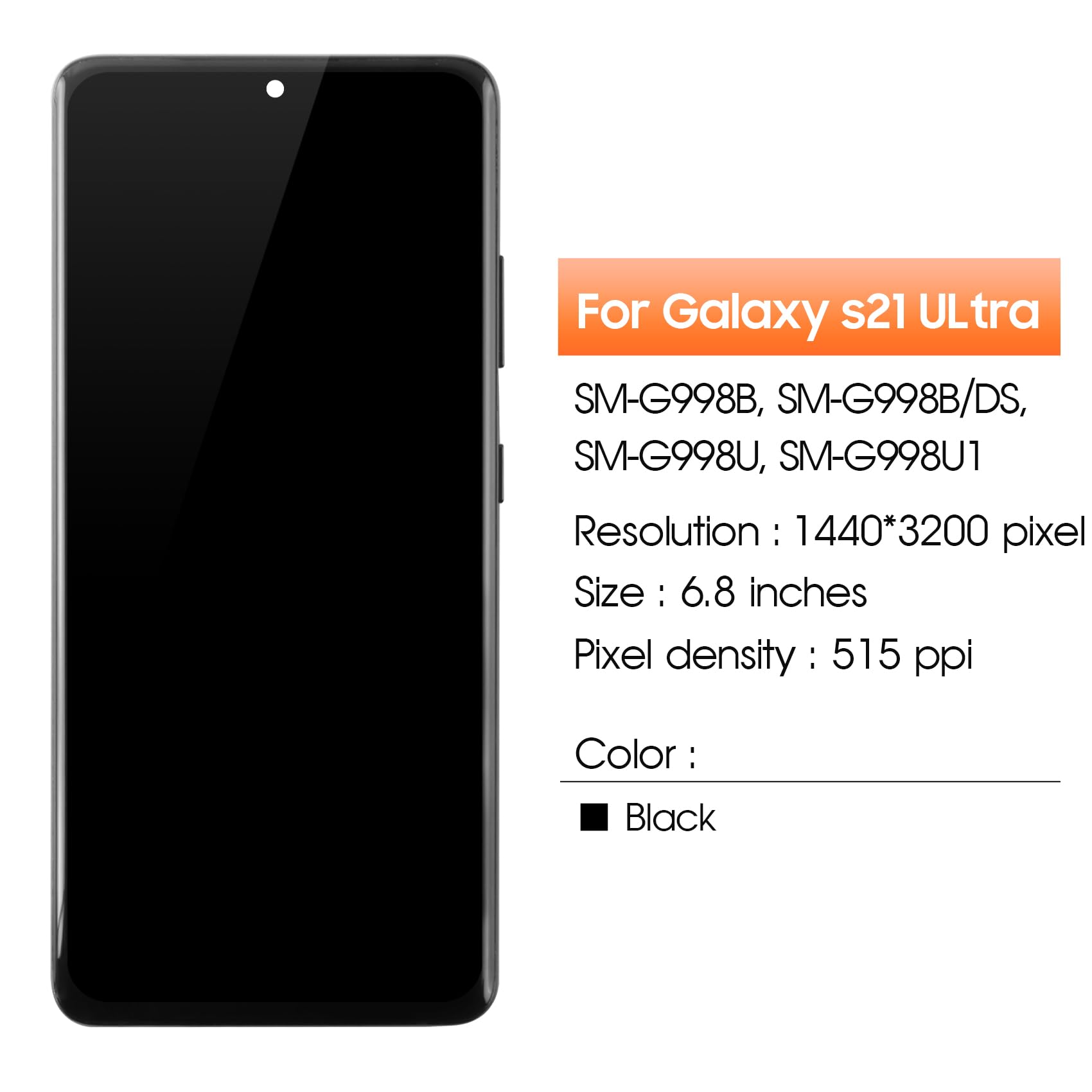 Vervangend LCD Touchscreen Display Voor Samsung S21 Ultra 5G – 6,8 Inch, 3200x1440, 515 Ppi, Inclusief Reparatiekit En Middenframe, Zwart