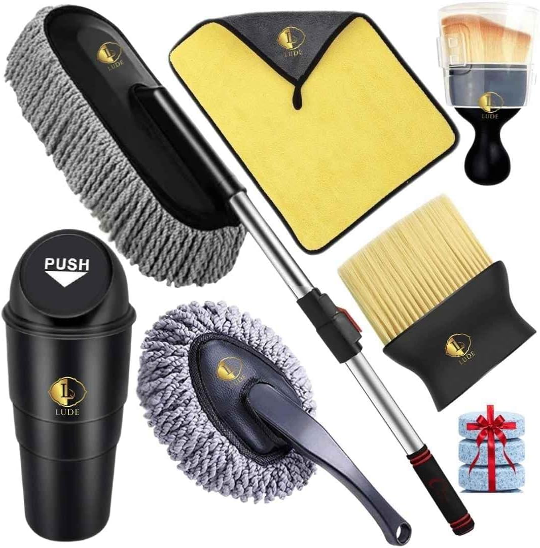 LUDE Premium Car Cleaning Kit | Big Exterior Duster, Microfiber Interior Cloth, AC Vent Brush with Cap, Stylish Mini Car Dustbin,Wiper & Free Glass Cleaner Tablets | Complete Car Care Combo