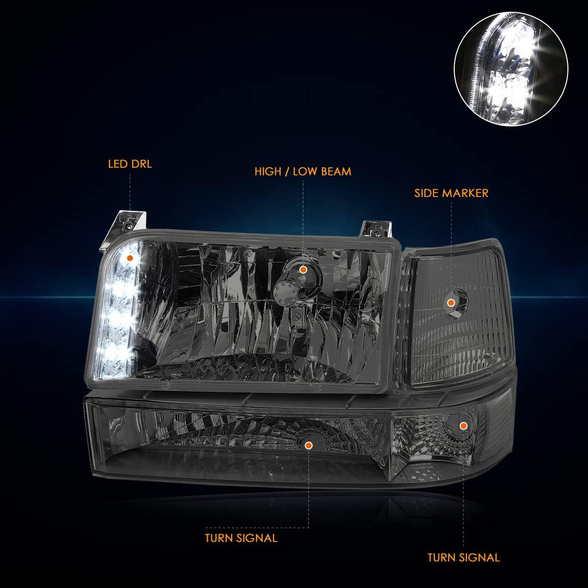 [6Pcs] LED DRL Headlights Assembly Compatible with 92-96 Ford F150-F350/Bronco Clear Corner