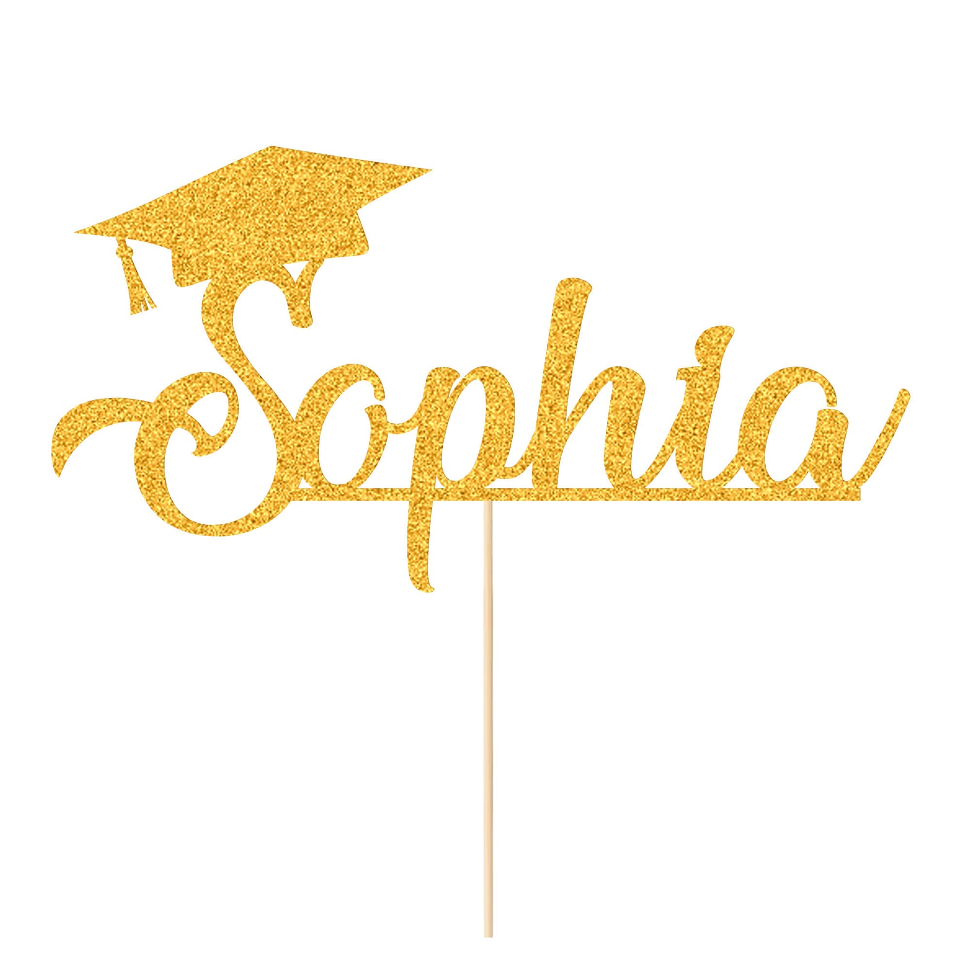 Personalized Cake Topper Custom Congrats Graduation Hat Student Gift for Graduation Finish School Double Sided Glitter Card with Any Name (Gold)