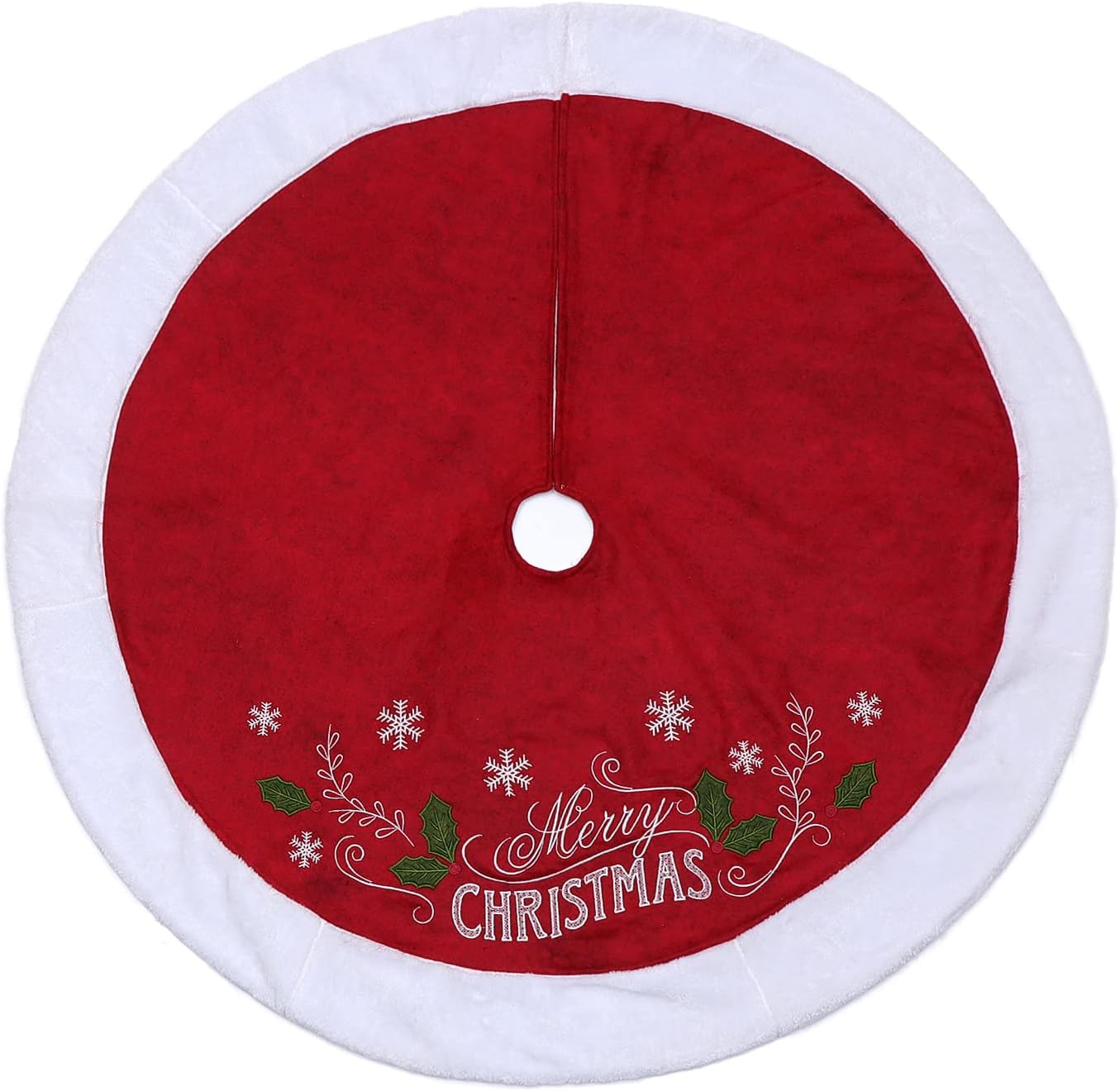 XAMSHOR Christmas Tree Skirt, 48 Inches Embroidered Xmas Tree Skirt with White Trim Holiday Party Ornaments Indoor Outdoor Decorations, Snowflake and Leaves Pattern Red