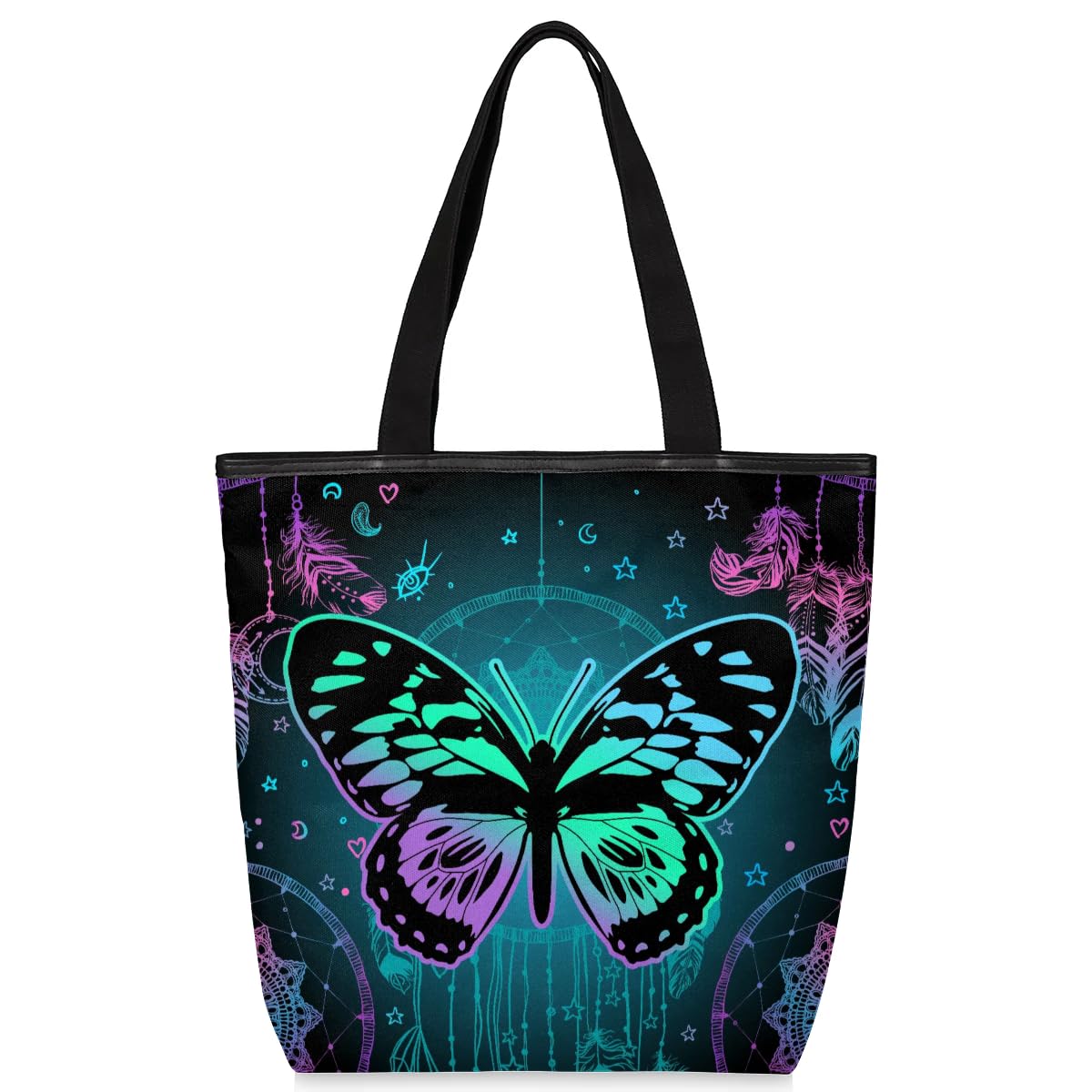 Mularoka Colorful Mandala Butterfly Dreamcatcher Canvas Tote Bag with Zipper and Pockets Canvas Tote Shopping Bag Women Reusable Grocery Bag for Beach Travel Gym Shopping