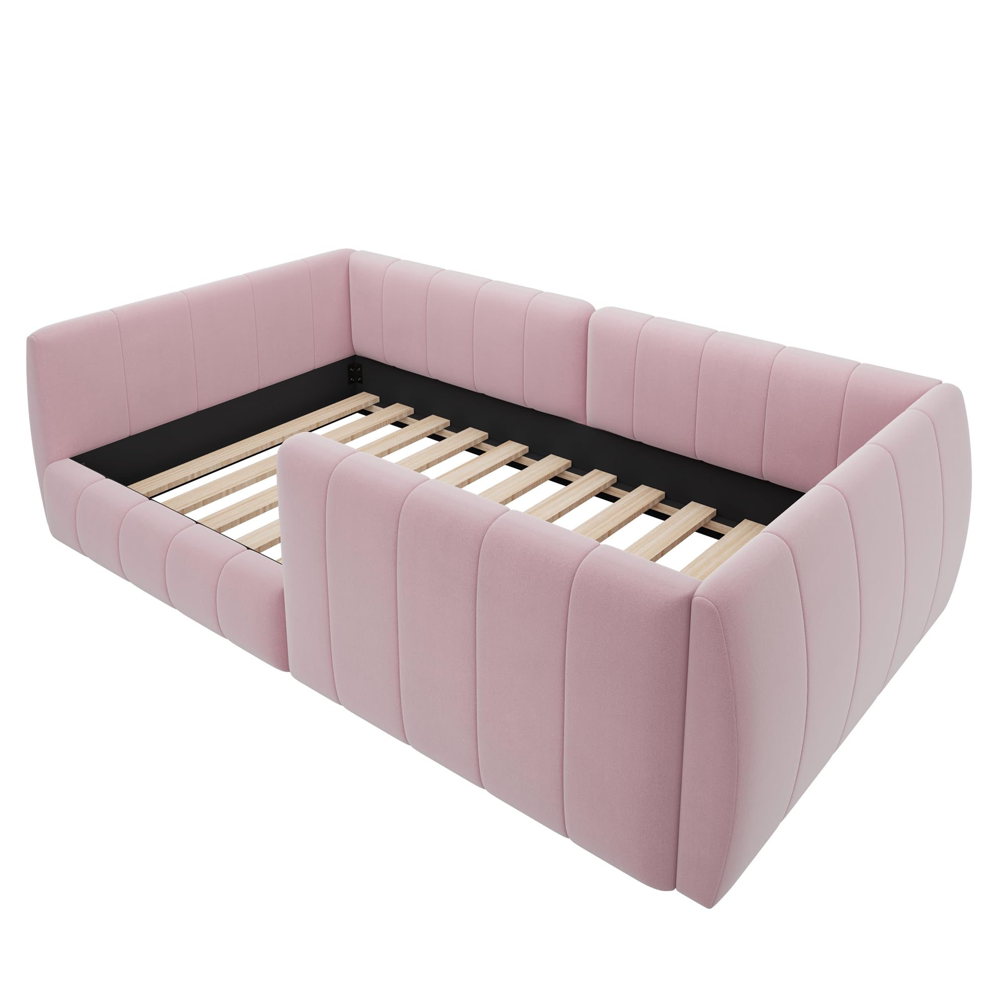Kinderbett Bodenbett 90x200, Montessori Bett Polsterbett mit Rausfallschutz und Lattenrost, Einzelbett Gitterbett Jugendbett Spielbett Flachbett Bettgestell fürJunge und Mädchen, Ohne Matratze, Rosa