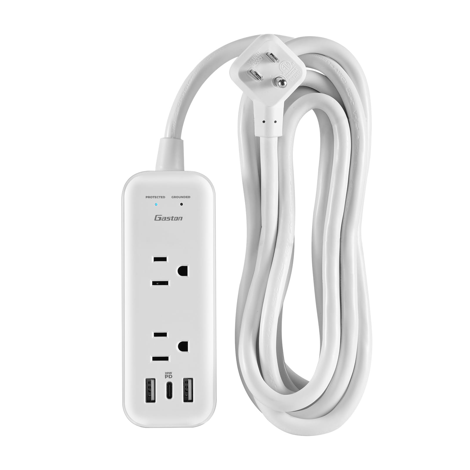 Gaston Surge Protector Power Strip - 10 Ft Plug Extension Cord, 4 Widely Outlets, 3 USB Ports(1 USB C), 2 Side Outlet Extender for Home Office, White, ETL