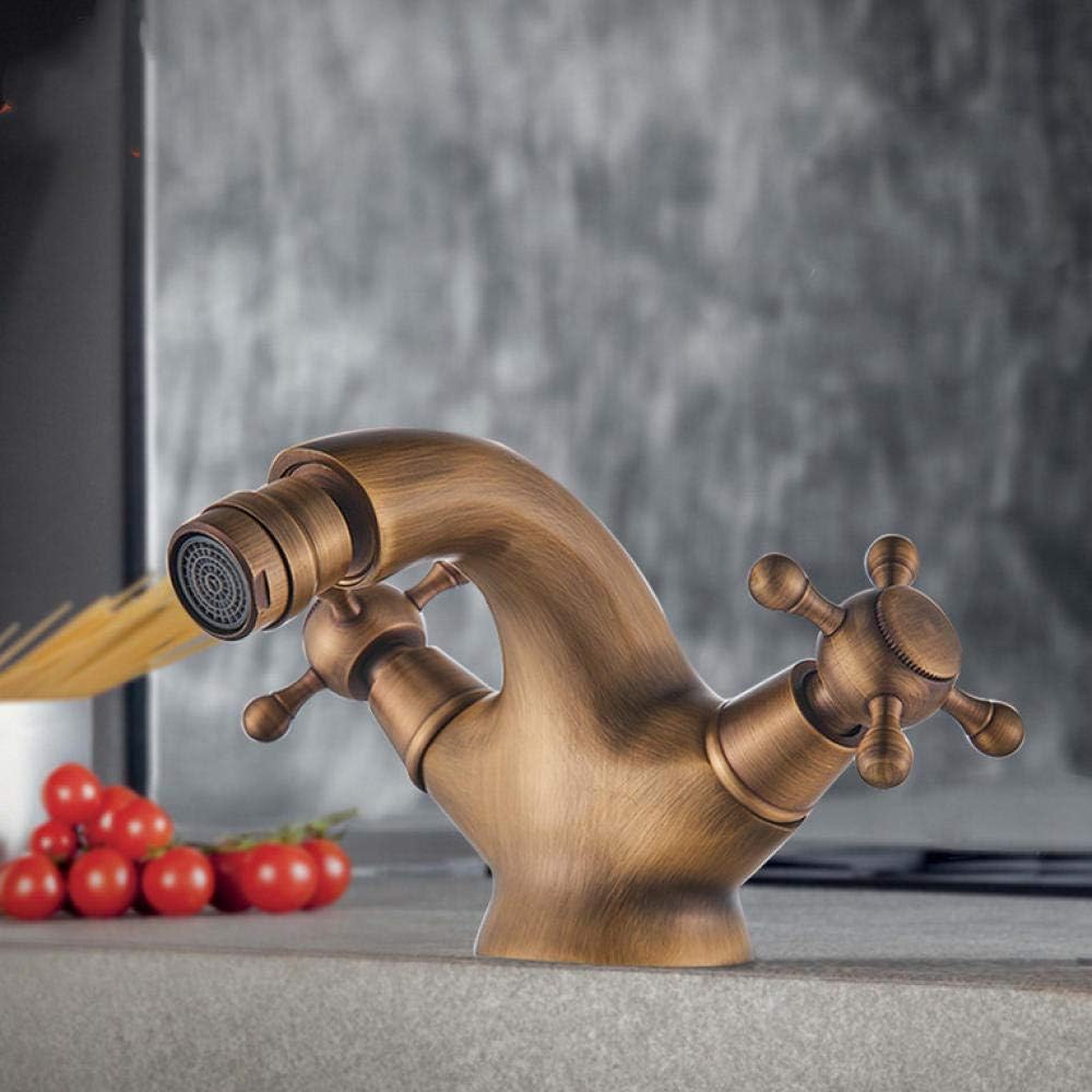 Gougeltd Antique Brass Bidet Shower Basin Faucet Dual Cross Handles Hot Cold Water Mixer Tap Lead-Free Spout
