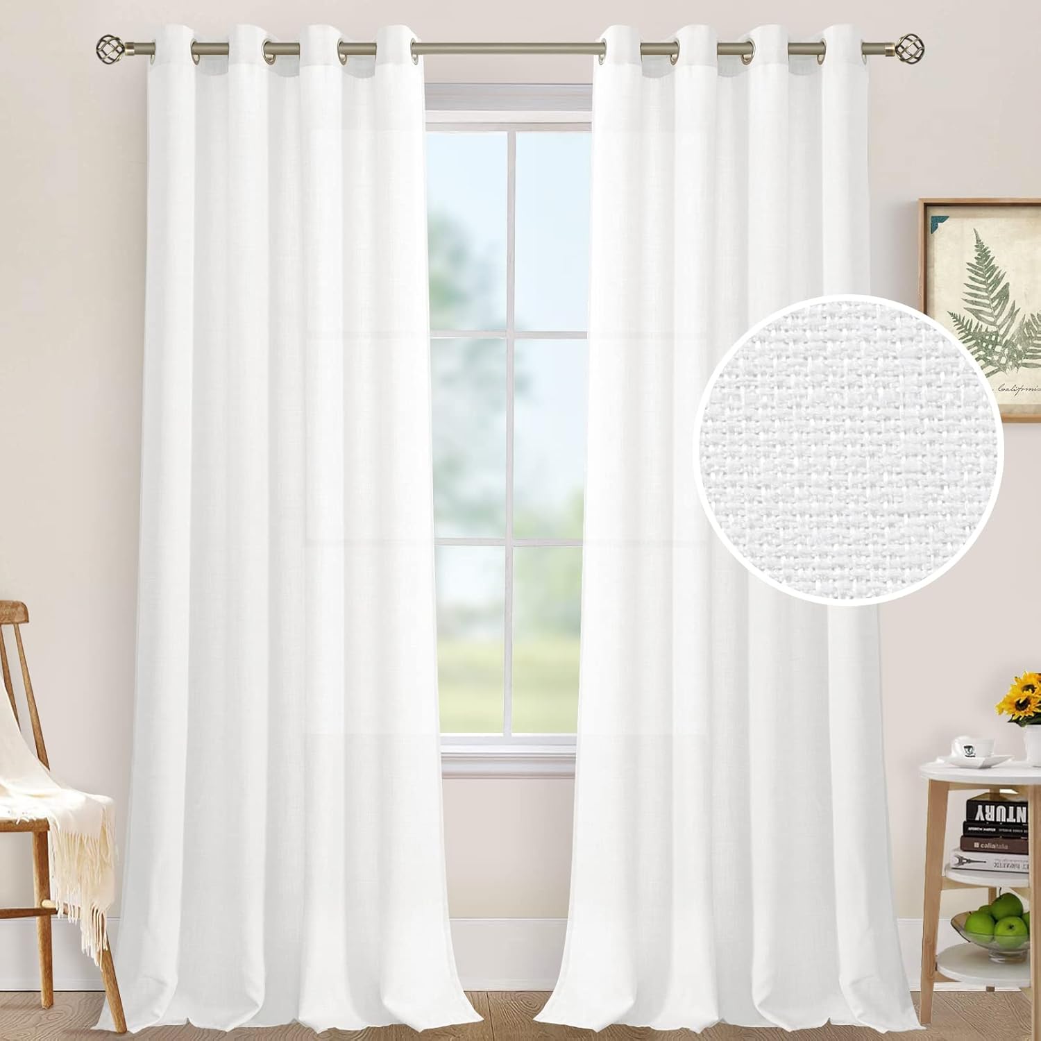 LAMIT White Linen Curtains 90 Inch Long 2 Panels Set for