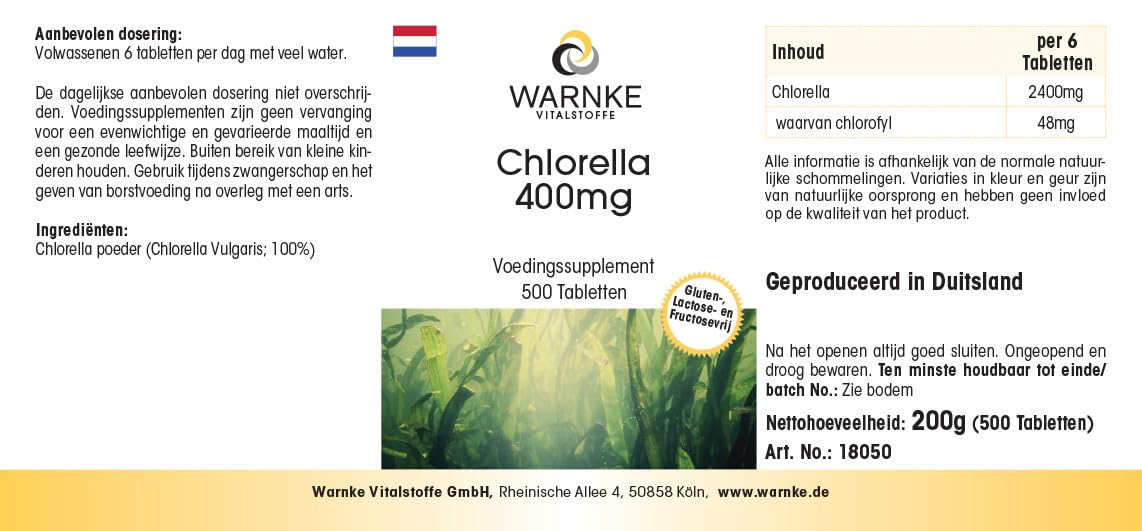 Chlorella 400 mg - 500 comprimés - faciles à avaler - poudre d'algue Chlorella vulgaris - avec chlorophylle - végétalien - grand format | Warnke Vitalstoffe - Qualité pharmaceutique allemande