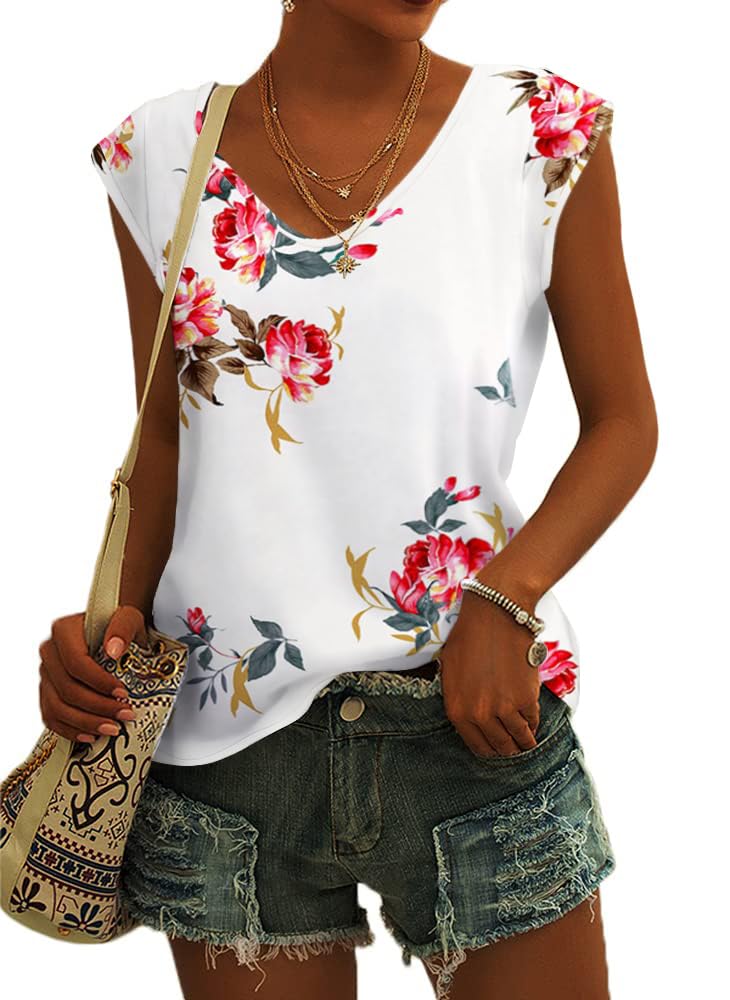 GeGekoko Damen T-Shirt Kurzarm V-Ausschnitt Flügelärmeln Oberteile Blusen Sommer Casual Lose Tank Top Basic Mädchen Tops