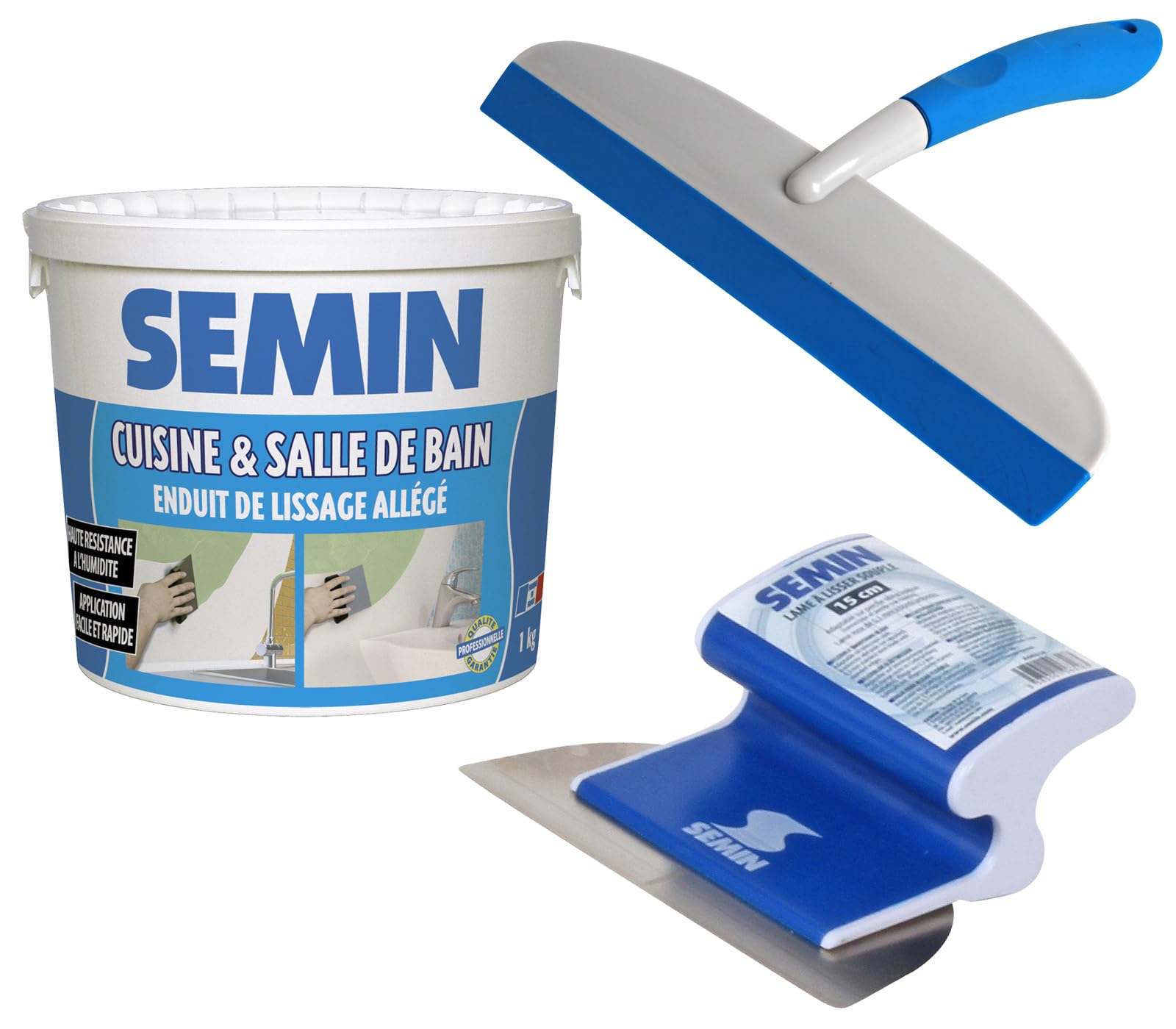 SEMIN Kit Lissage Salle de Bain & Cuisine – Enduit Hydro Pièces Humides 1 kg + Lame CE 78 15 cm + Raclette à Lisser – Prêt à l’Emploi – Finition Murale Avant Peinture- Cuisine & Salle de bain