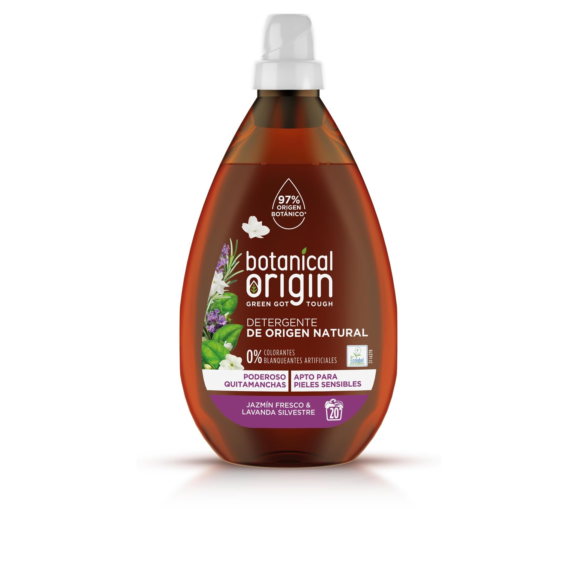 Botanical Origins Detergente para lavadora ecológico apto para pieles sensibles, Fragancia Jazmín Fresco y Lavanda Silvestre - 20 lavados