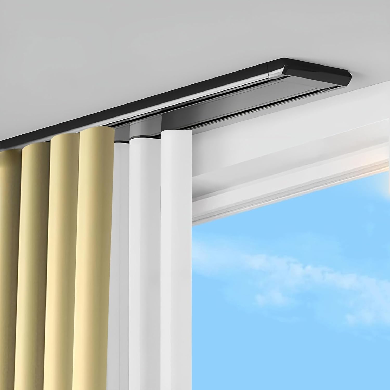 Heavy Duty Double Curtain Track System - Ceiling Mounted, Silent Operation, 17.4FT for Home, Office, Hotel, RV, School, Outdoor, Garage (Black)